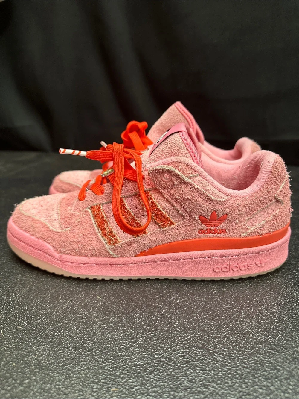Adidas + Dr. Seuss Kids Pink Suede Sneakers with Red Laces and Character Tongue